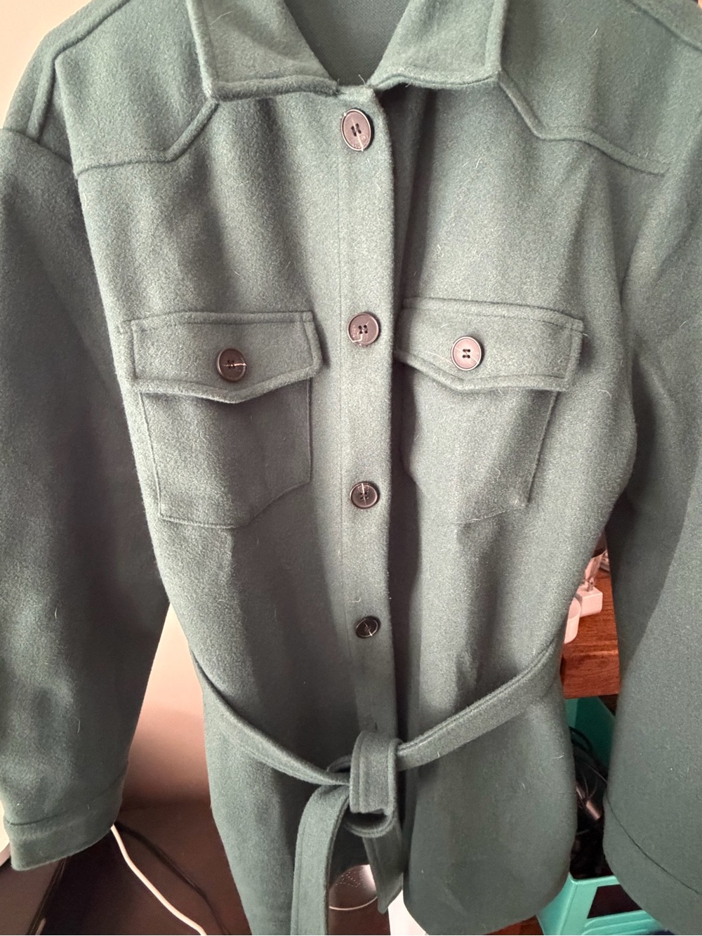 Womens Dark Green Belted Button-Front Coat/Shacket